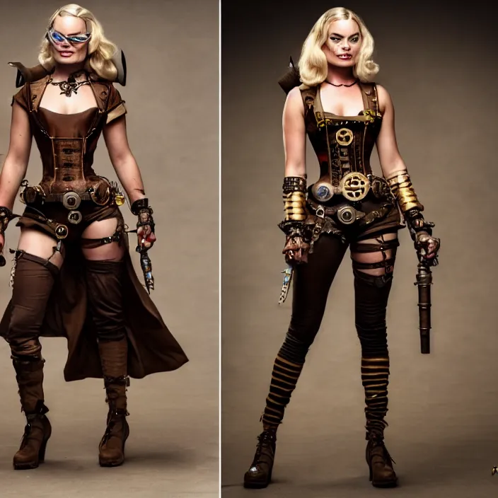 Image similar to full body photograph of a margot robbie as a steampunk warrior, Extremely detailed. 8k