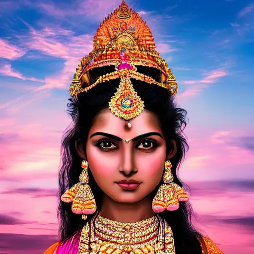 Prompt: portrait photography of indian goddess of the dawn, beautiful woman, elegant, celebration costume, jewellery, highly detailed, hyper realistic, dramatic sky, dawn, pink, orange, pastel, deep gaze, pretty face, glowing, in the style of david lazar