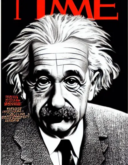 Image similar to cover of TIME magazine with the portrait of Albert Einstein and the mushroom cloud of an atom bomb explosion