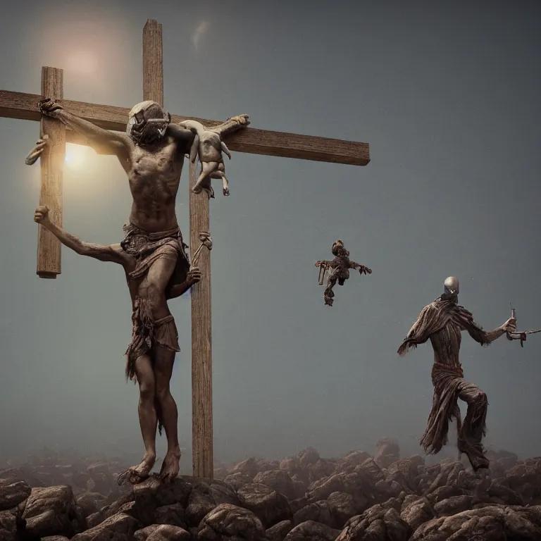 Prompt: minion crucifixion by beksinski, fantasy, scary, award winning halo. octane render, cinematic, hyper realism, octane render, 8k, depth of field, bokeh. iridescent accents.