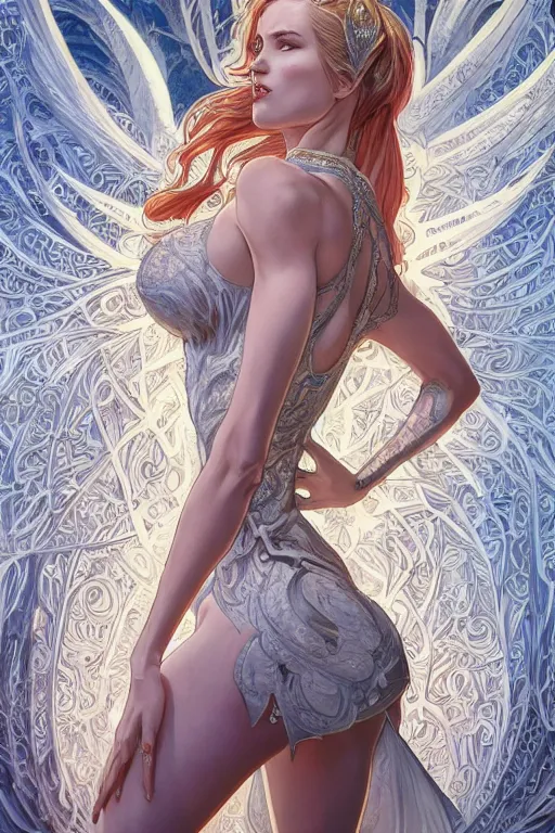 Image similar to symmetry!! intense fanart of back pose of emma frost as acotar protagonist, traditional queen dress, intricate, hyper detailed background, elegant, highly detailed, my rendition, digital painting, artstation, concept art, smooth, sharp focus, illustration, art by artgerm, greg rutkowski and alphonse mucha, by hajime sorayama and boris vallejo