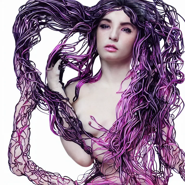 Prompt: Vass Roland cover art body art future bass girl unwrapped!!! hands on disrobed body smooth armpits hands!!! in air!!!!! body fabric unfolds statue bust curls!!! of hair petite lush front and side view body photography model full body curly jellyfish lips art contrast vibrant futuristic fabric skin jellyfish material metal veins style of Jonathan Zawada, Thisset colours simple background objective