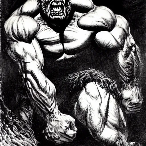 Image similar to hairy, thick muscled, overbearing, hungry, menacing, giant painted by bernie wrightson,