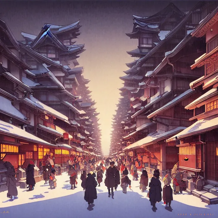 Image similar to japanese big city, winter, in the style of studio ghibli, j. c. leyendecker, greg rutkowski, artem