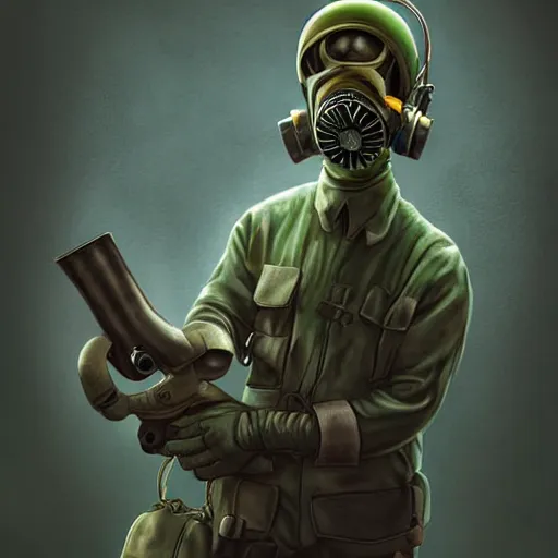 Image similar to elf with gas mask, highly detailed, digital painting, artstation, stoner album art by arik roper