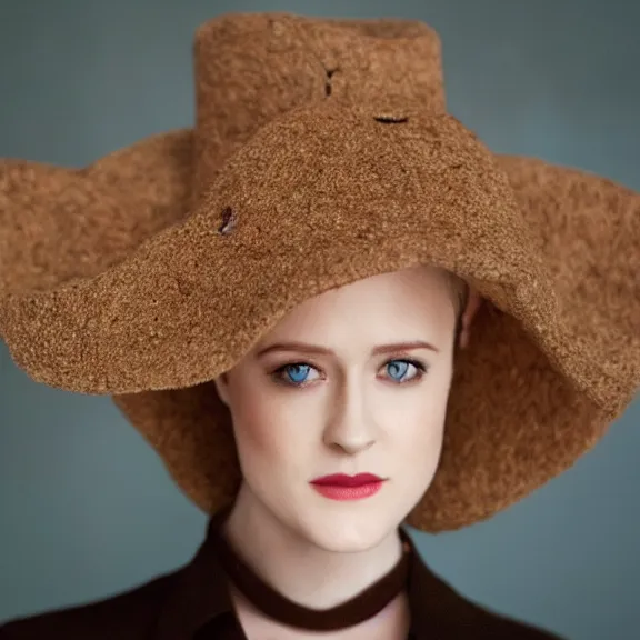 Image similar to portrait evan rachel wood angle 9 0 ° centred looking away breading fresh air, caracter with brown hat, background soft blue