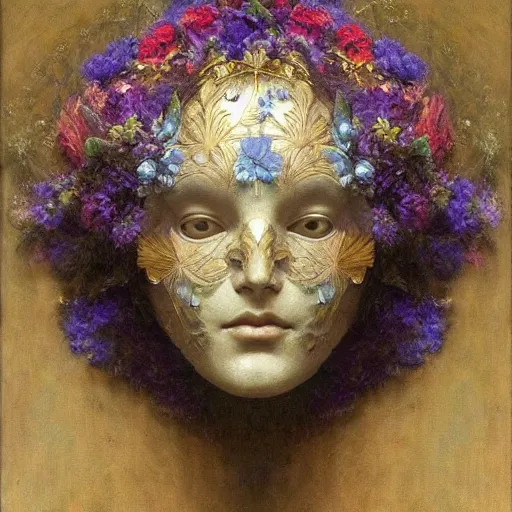Prompt: masterpiece painting of a facemask made of flowers, by annie swynnerton and jean delville and tino rodriguez, flower mask, symbolist, dramatic lighting, god rays, elaborate geometric ornament, soft cool colors, smooth, sharp focus, extremely detailed