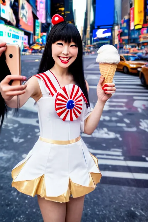 Prompt: Beautiful Japanese Woman in Sailor Moon costume eating an ice-cream cone, standing for a selfie, New York Time Square, high detail, ultra-realistic