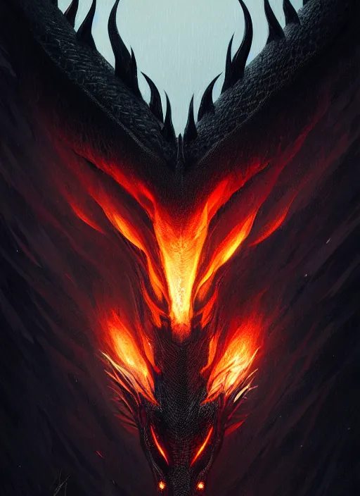 Image similar to symmetry!! portrait of a black dragon, dark scales, horns, horror, night time lighting, intricate, scary, fire background, highly detailed, digital painting, artstation, concept art, smooth, sharp focus, illustration, art by greg rutkowski