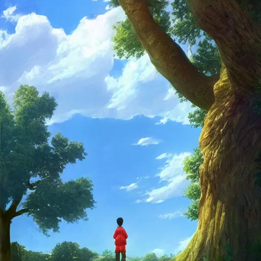 Prompt: A boy standing next to a tree looking at the blue sky with a beautiful river in front of him, Graceful body structure,cute,Symmetrical face,highly detailed,elegant,Marc Simonetti and Caspar David Friedrich, Trending on artstation