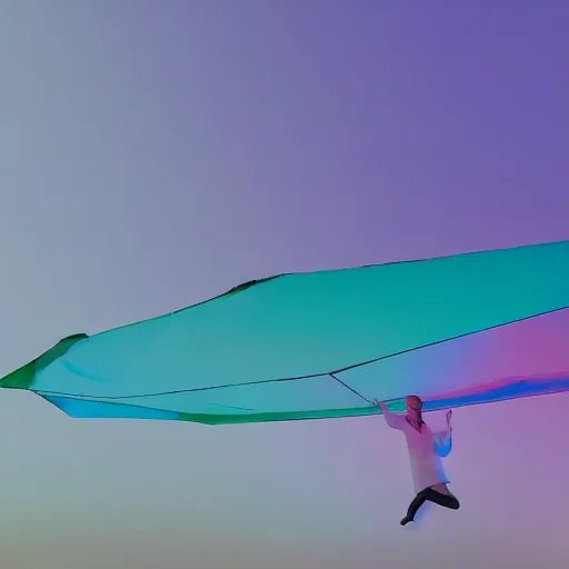 Prompt: an ultra high definition professional studio quality photograph of a transparent iridescent perspex pastel coloured inflatable abstract parachute sculpture in an empty field. dramatic lighting, ray tracing, refraction, shallow d. o. f, colour corrected, golden ratio, three point light. volumetric shadows. god rays.