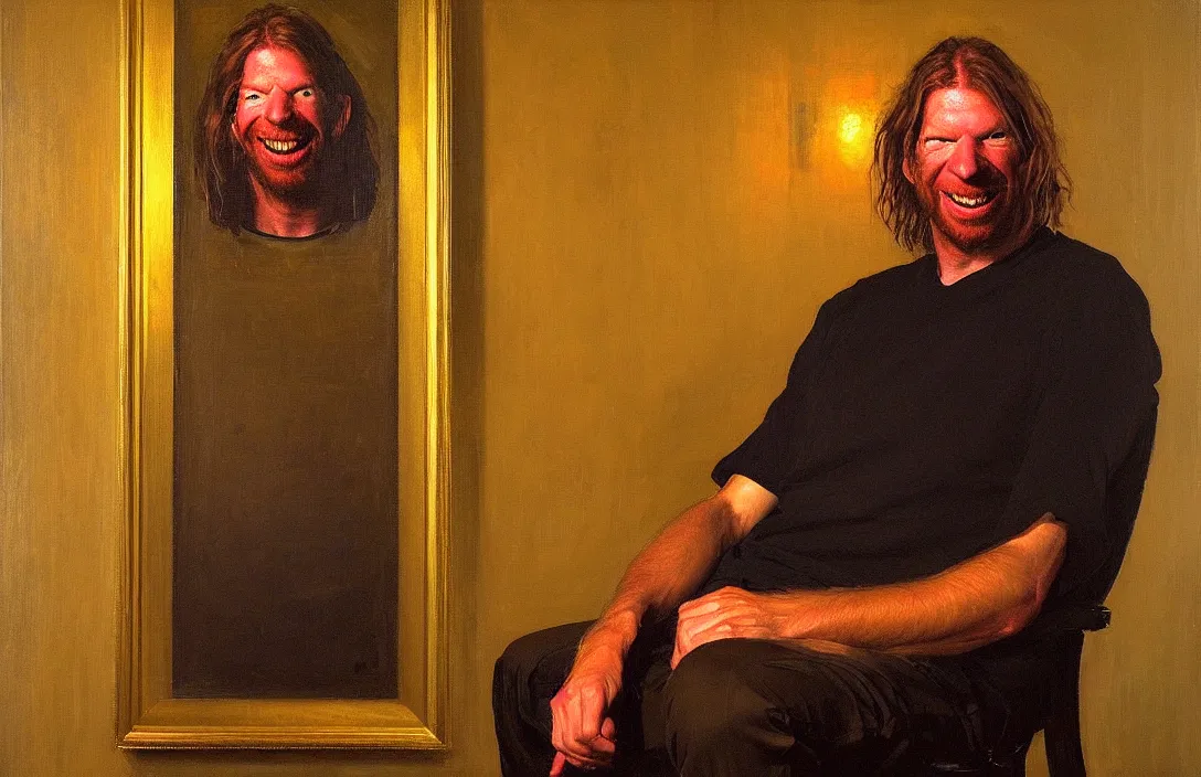 Image similar to portrait of aphex twin!!!!!!!!!!!!!!!!!!!!!!!!!!!, detailed face, detailed painting, detailed no. 1 0 downing street, epic lighting, by ilya repin, phil hale and kent williams