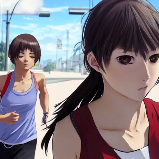 Image similar to anime style, gta 5, girl is running, red sport clothing, marathon race, brown short hair, hair down, symmetrical facial features, from arknights, hyper realistic, rule of thirds, extreme detail, detailed 4 k drawing, safebooru, realistic lighting, by alphonse mucha, greg rutkowski, sharp focus, backlit