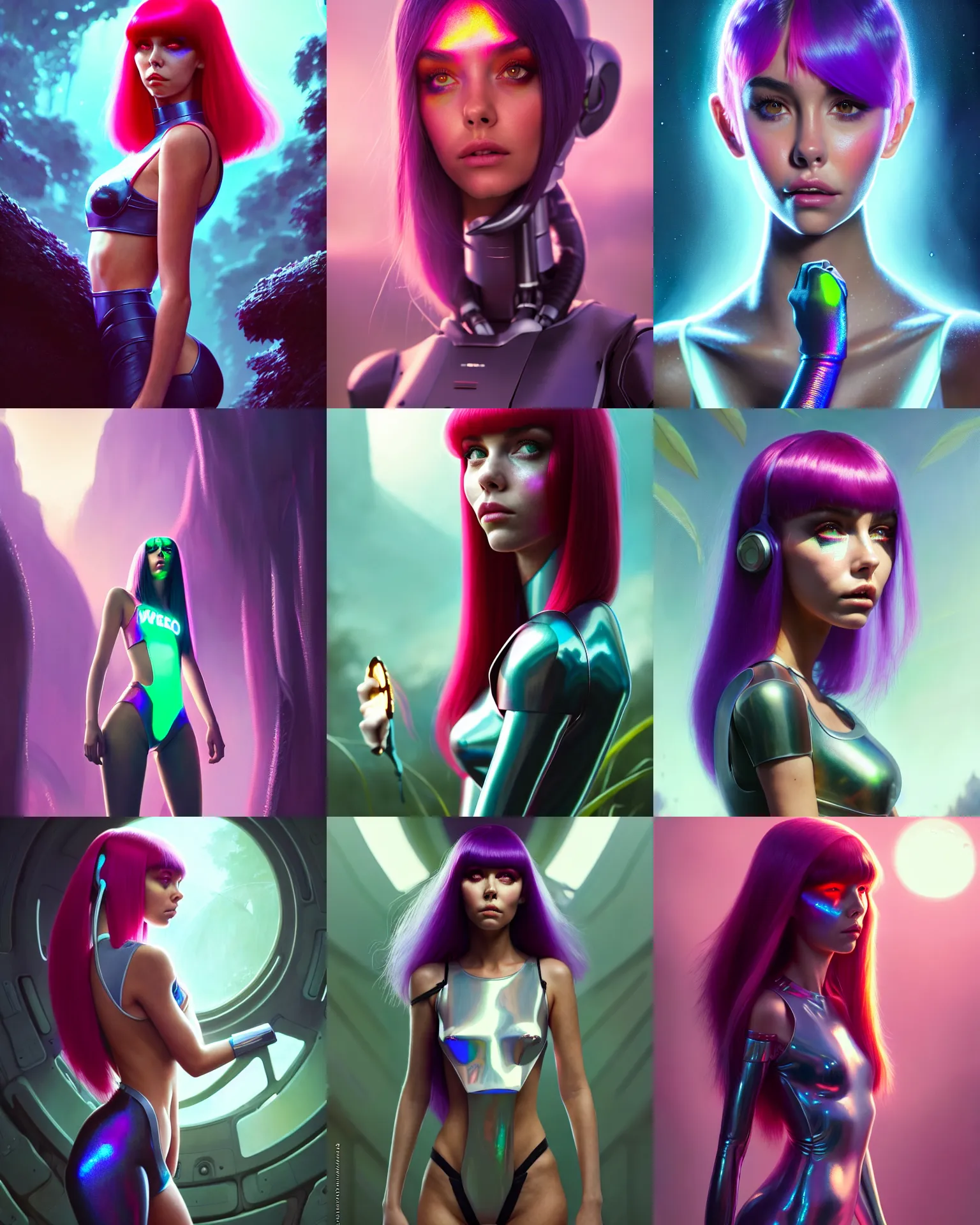 Prompt: a portrait photo of madison beer : : college woman : : as future leeloo cyborg woman on a lush alien world by weta : : by greg rutkowski, wlop, rossdraws, artgerm, pixar, disney, unreal engine, glossy skin, iridescent, chrome, 4 k, hdr, bright morning, leeloo outfit, : :