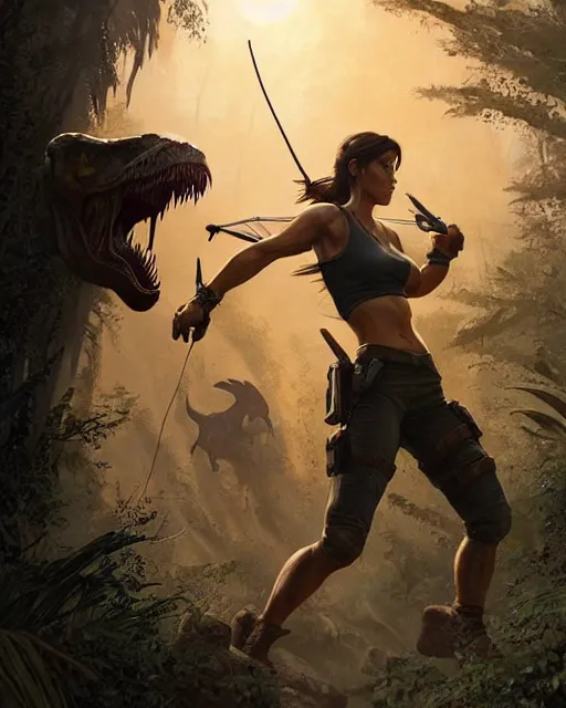 Image similar to lara croft fighting the tyrannosaurus rex | | realistic shaded, fine details, realistic shaded lighting poster by greg rutkowski, magali villeneuve, artgerm, jeremy lipkin and michael garmash and rob rey