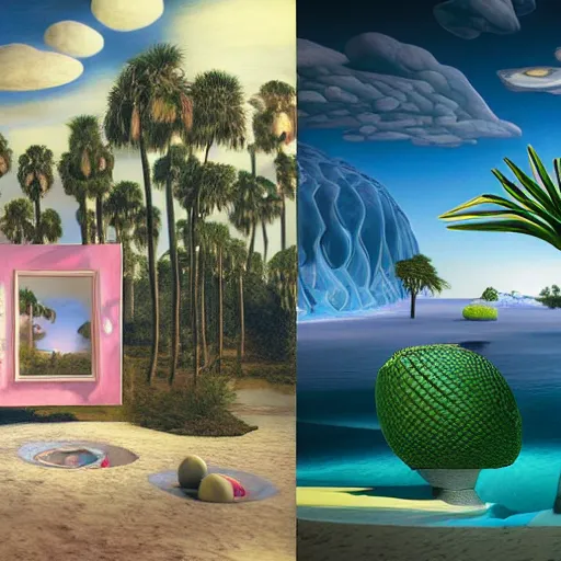 Image similar to hyperrealistic geometric objects in a surreal minimalistic 8 0's dreamscape environment by salvador dali, enormous emoji, highly detailed, 3 d render, octane, beautiful lighting, photorealistic, intricate, elegant, wayne barlowe, water, mirrors, pink doorway, beautiful, masterpiece, trending on artstation, palm tree