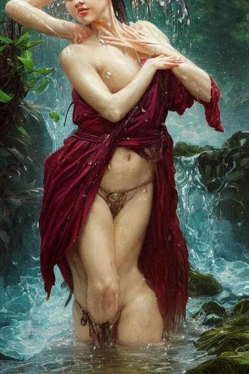 Prompt: portrait of a beautiful woman wearing a shaolin robe, drenched body, wet dripping hair, emerging from the water, fantasy, regal, fractal crystal, fractal gems, by stanley artgerm lau, greg rutkowski, thomas kindkade, alphonse mucha, loish, norman rockwell ross tran