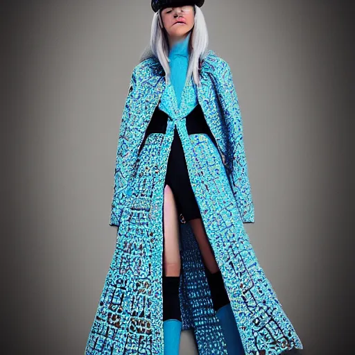 Image similar to fashion 2 0 5 0 fantastic openwork long coat with intricate pattern on a beautiful symmetrical girl with blue hair, hyper realistic photos