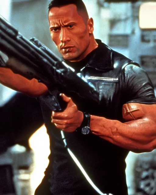 Image similar to Film still close-up shot of Dwayne Johnson as the Terminator from the movie Terminator 2. Photographic, photography