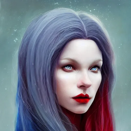 Image similar to A detailed matte oil on canvas head on symmetrical portrait of a distinguished elven woman with red and blue hair on an empty background, by Charlie bowater, Lise Deharme, Wlop, trending on artstationhd, dungeons and dragons art, parted hair , half blue, half red , split dye, critical role