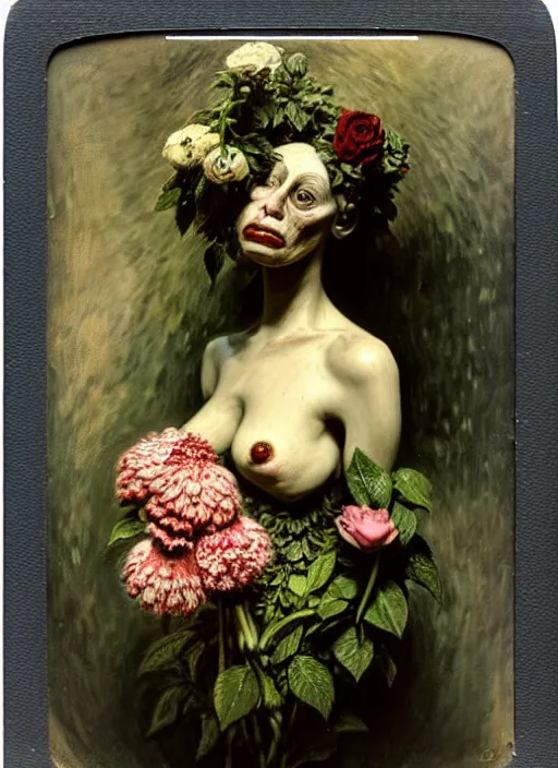 Prompt: beautiful and detailed rotten woman made of plants and many types of stylized flowers like carnation, chrysanthemum, roses and tulips, intricate, surreal, john constable, guy denning, gustave courbet, caravaggio, romero ressendi, vladimir volegov 1 9 1 0 polaroid photo