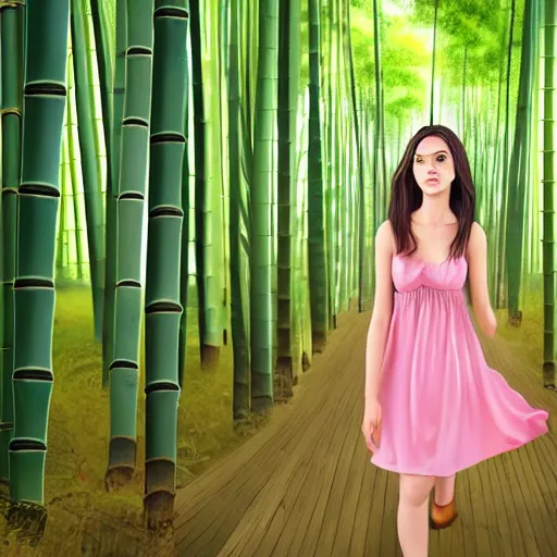 Prompt: A young beautiful giantess with a pretty face,she has green eyes, a cute nose and pink lips,she is wearing a sundress and sandals, walking in a bamboo forest ,detailed body and eyes,proper anatomy, beautiful lighting,,digital art , highly detailed , high contrast, beautiful lighting, award winning , trending on art station, 8k, photo realistic,unreal engine 5