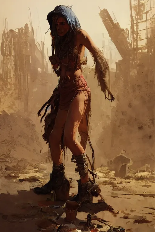 Image similar to a full body portrait of a beautiful post apocalyptic offworld butchers district bedouin blind pulp fiction scarlet wild rogue barbarian leper begging by the roadside, intricate, elegant, highly detailed, digital painting, artstation, concept art, smooth, sharp focus, illustration, art by krenz cushart and artem demura and alphonse mucha