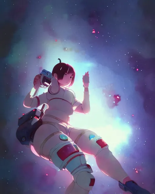 Image similar to oriental water color of a cute thicc damaged zombie astronaut woman, floating through space, backlit, by makoto shinkai and krenz cushart