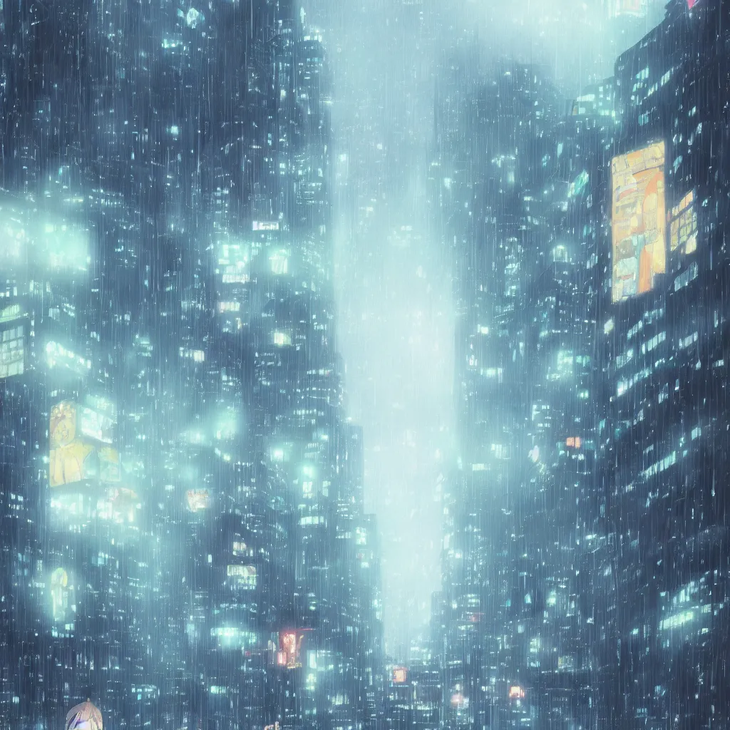 Image similar to illustration of beautiful anime city by Makoto Shinkai, it is raining and foggy