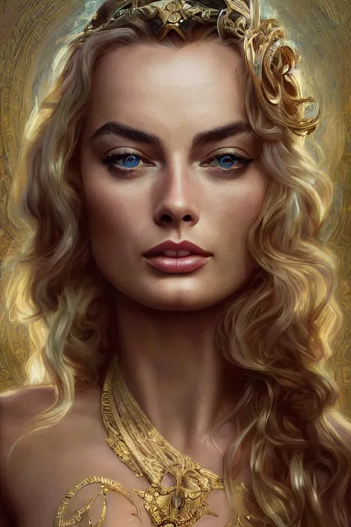 Image similar to ultra realistic illustration, a stunningly beautiful greek goddess of chaos played by margot robbie and taylor swift and megan fox, intricate, elegant, highly detailed, digital painting, artstation, concept art, smooth, sharp focus, illustration, art by artgerm and greg rutkowski and alphonse mucha