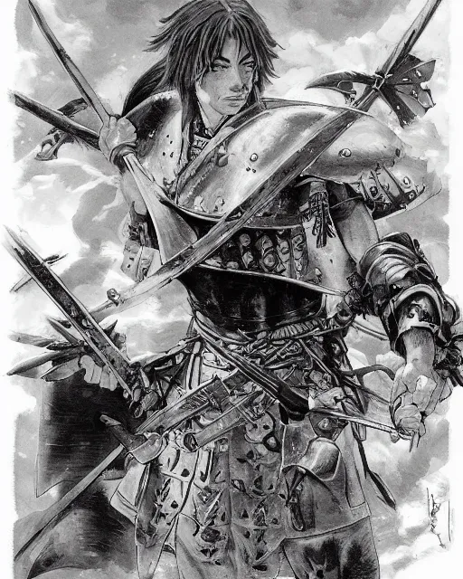 Image similar to portrait of a spanish conquistador in battle, by daniel zrom, masamune shirow, josan gonzales and studio ghibli