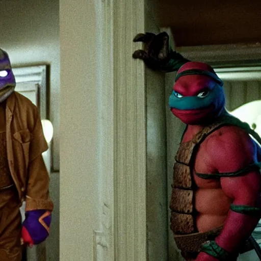 Image similar to movie still of ninja turtles in The Shining