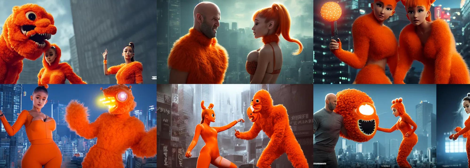 Prompt: ultrarealistic giant ariana grande wearing orange monster chicken suit vs jason statham in tokyo by yusuke murata, octane render, substance painter, movie action still frame, cinematic lighting, volumetric lighting, extreme intricate details, artstation, dnd art, cgsociety, sharp focus, ultra wide angle, digital painting by artgerm, gerald brom, wlop