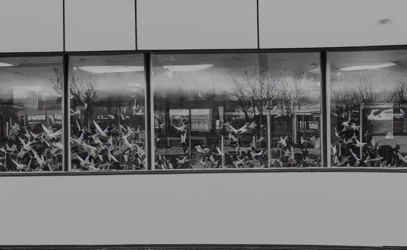 Image similar to cinematic shot of a flock of birds outside the window of the byron travel plaza, moody scene from being john malcovich directed by charlie kaufman ( 2 0 0 1 ), foggy volumetric light morning, anamorphic lenses, kodak color film stock