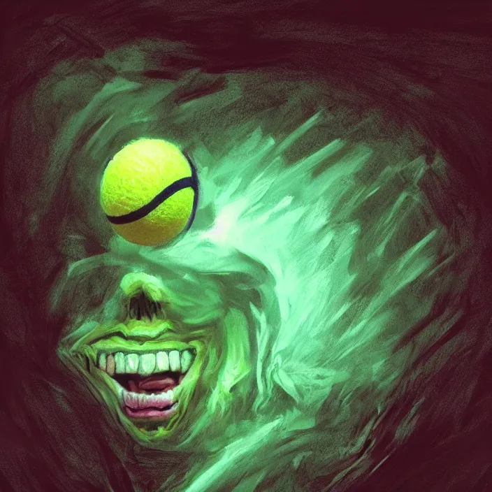 Image similar to cinematic portrait of a tennis ball monster in the abyss of space, chalk, masterpiece, trending on artstation, featured on pixiv, cinematic composition, dramatic pose, beautiful lighting, sharp details, hyper-detailed, HD, HDR, 4K, 8K, art by Basil Gogos
