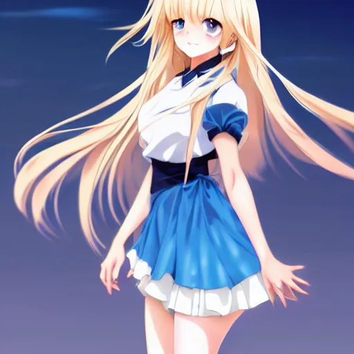 Image similar to a very beautiful anime cute girl, full body, long wavy blond hair, sky blue eyes, full round face, short smile, fancy top, miniskirt, front view, medium shot, mid-shot, highly detailed, cinematic wallpaper by Stanley Artgerm Lau