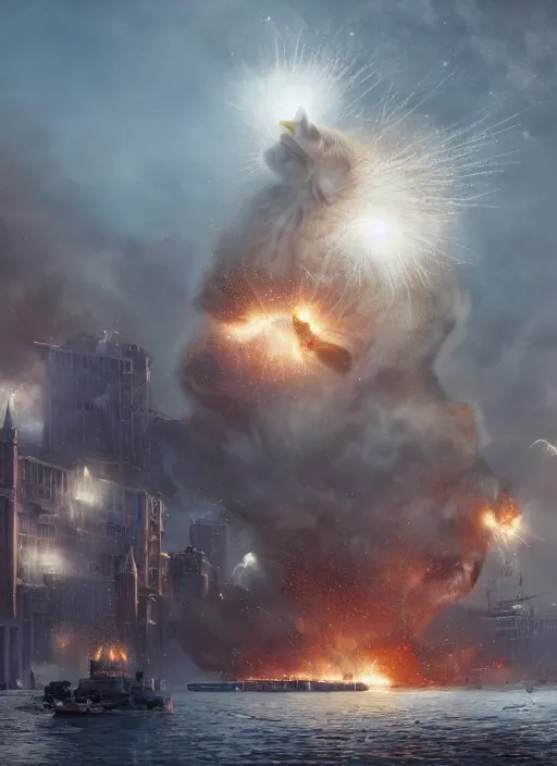 Image similar to hyper realistic giant fluffy caracal attacking moscow city harbor explosions, atmospheric beautiful details, strong composition painted by kim jung giu weta studio rutkowski, james gurney and greg rutkowski, and lucasfilm