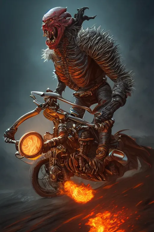 Image similar to hell mutant motorbiker, highly detailed, d & d, fantasy, highly detailed, digital painting, trending on artstation, concept art, sharp focus, illustration, global illumination, ray tracing, realistic shaded, art by artgerm and greg rutkowski and fuji choko and viktoria gavrilenko and hoang lap, sunny