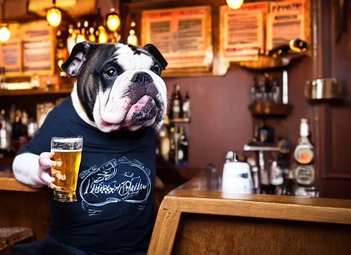 Image similar to a closeup, 4 5 mm, detailed photograph of a english bulldog drinking a beer on a bar - stool, sitting at a bar on a bar - stool, beautiful low light, 4 5 mm, by franz lanting