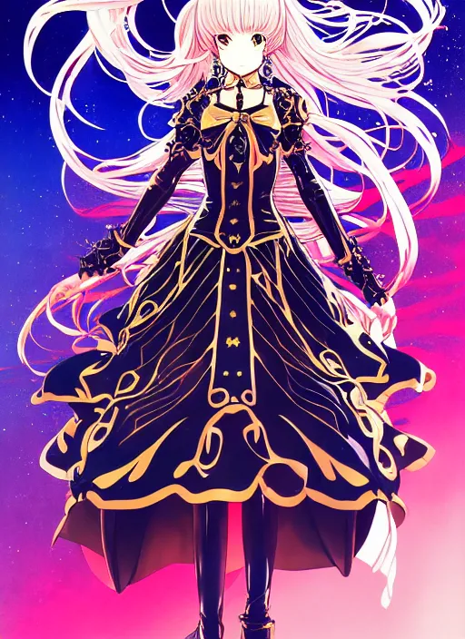 Image similar to fate manga poster design of princess, armor, long wavy hair, rococo ruffles dress, by shigenori soejima, minaba hideo, katsuhiro otomo, jump comics, fluorescent, illustration, artstation, dark fantastic, highly detailed, 8 k, maximalist