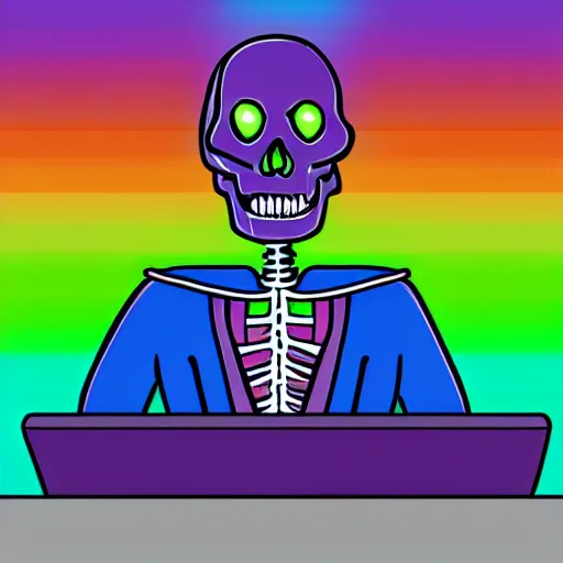 Image similar to a rainbow skeleton wearing a suit sitting at a desk typing on a computer, cute, colorful, pastel, digital ark, 4k, clean lines, well lit, office, neon, artstation,