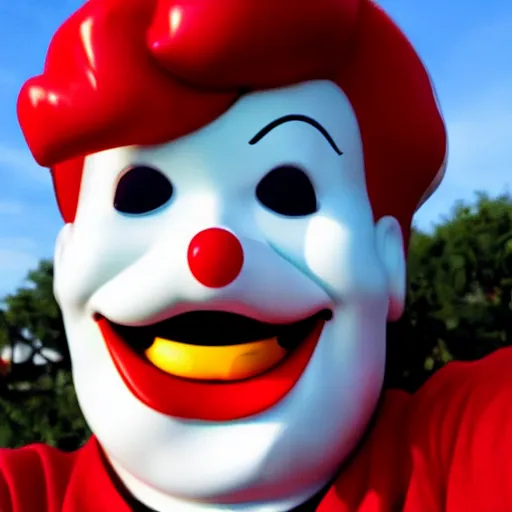 Prompt: A selfie of Ronald McDonalds with a gold teeth, smiling with confidence