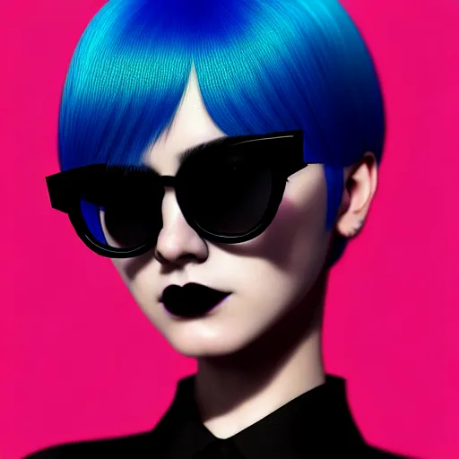 Prompt: realistic high key portrait photo of a beautiful goth girl with asymmetrical blue hair and badass euro design sunglasses by shin jeongho, nick silva and ilya kuvshinov, deviantart, 8 k resolution