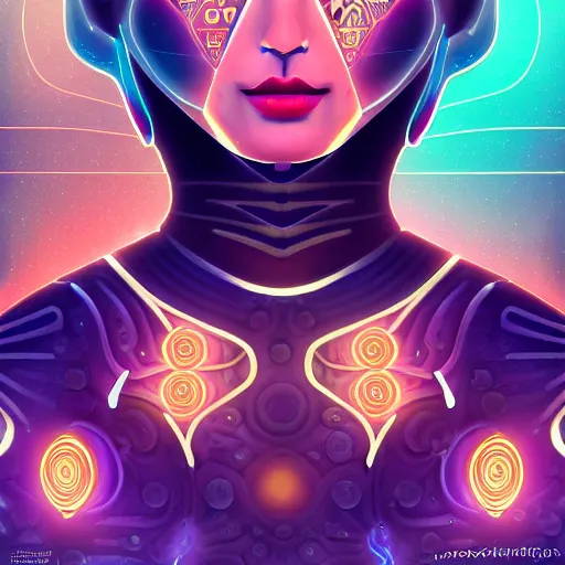 Image similar to portrait of a future metaverse cyborg tech shaman warrior, 2D cartoon, visionary art, symmetric, Magick symbols, holy halo, shipibo patterns, sci-fi, concept art, trending on art station