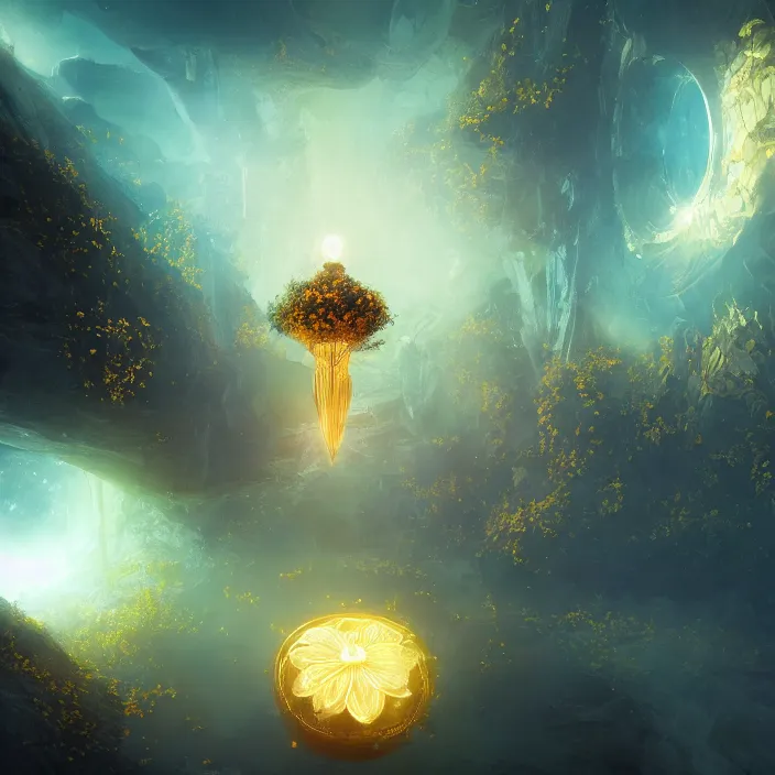 Image similar to within a flower the whole and finite capsule apparent with awe the apparition, an idea seep's into infinity highly detailed in volumetric latent space, golden turquoise steampunk, high contrast cinematic light, mystical shadows, sharp focus, divine realm of gods, octane render, artist by greg rutkowski,