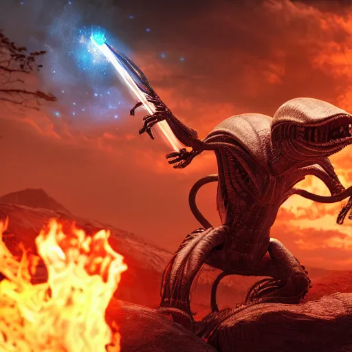 Image similar to alien holding vintage sword of flames, surreal alien planet, galaxy sky, photorealistic detailed intricate, octane render, cinematic lighting, realistic, coherent, 4k, 8k, unreal engine, 3D, Videogame