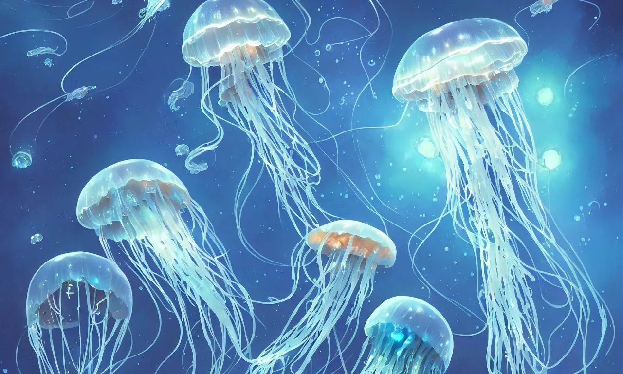 Image similar to detailed jellyfish in space, blue tones, underwater, full frame, highly detailed, digital painting, artstation, concept art, smooth, sharp focus, illustration, art greg rutkowski and alphonse mucha