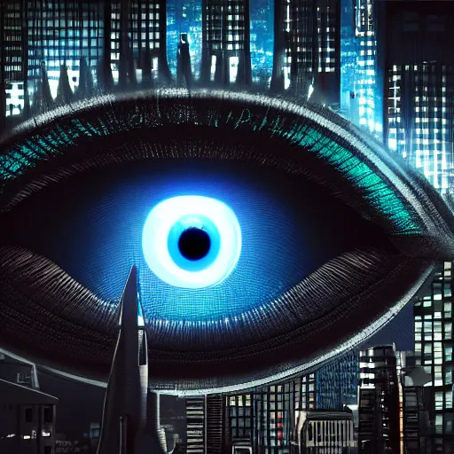 Image similar to a futuristic cityscape, giant eye looking over it, horror, dark light, 8 k, detailed, hyperrealistic