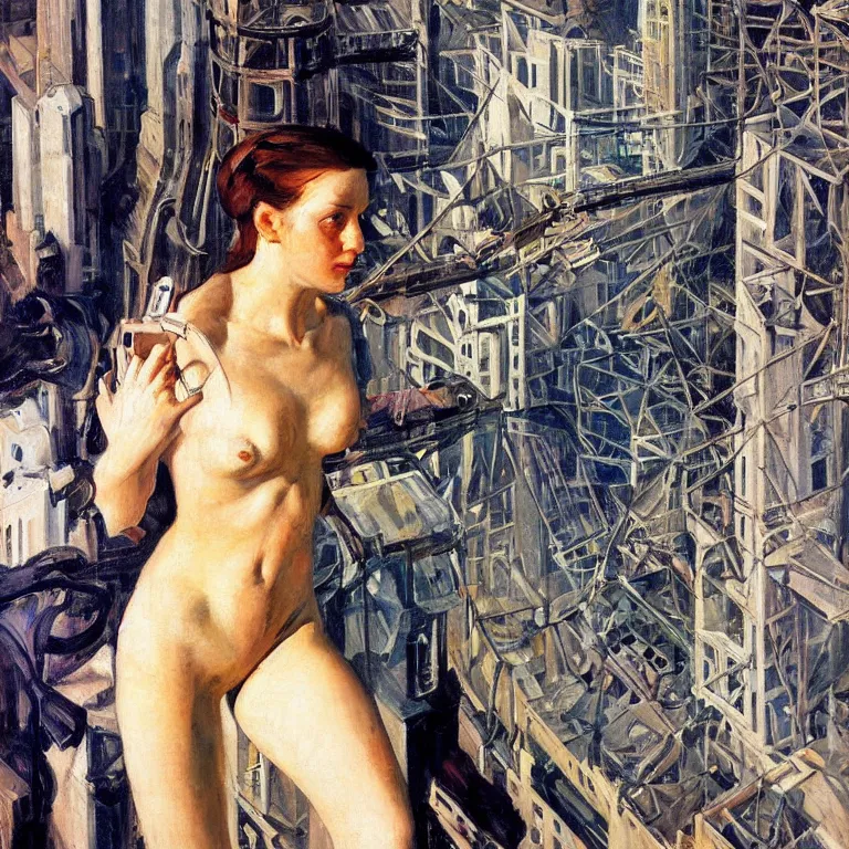 Prompt: Beautiful realistic self portrait by Zinaida Serebriakova as a Cyborg code breaker climbing a tower in 2037 London , oil painting rich color shocking detail hyperrealistic 8k