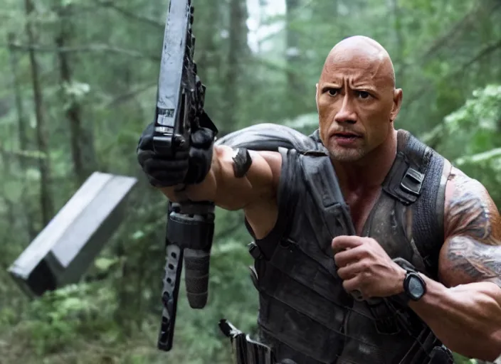 Image similar to film still of dwayne the rock johnson as daryl dixon in the new walking dead tv series, 4 k